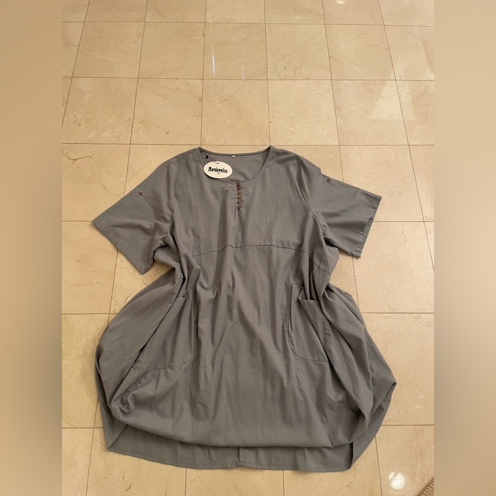 NWT Mordenmiss Gray Blue Midi Tunic Popover Parachute Wide Hem Linen Dress